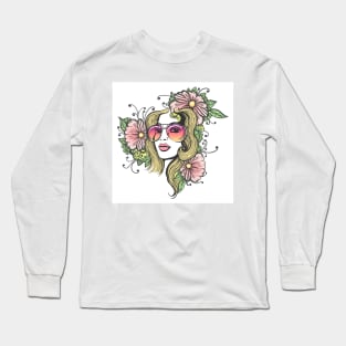Hand Drawn Girl Face with Flowers Long Sleeve T-Shirt